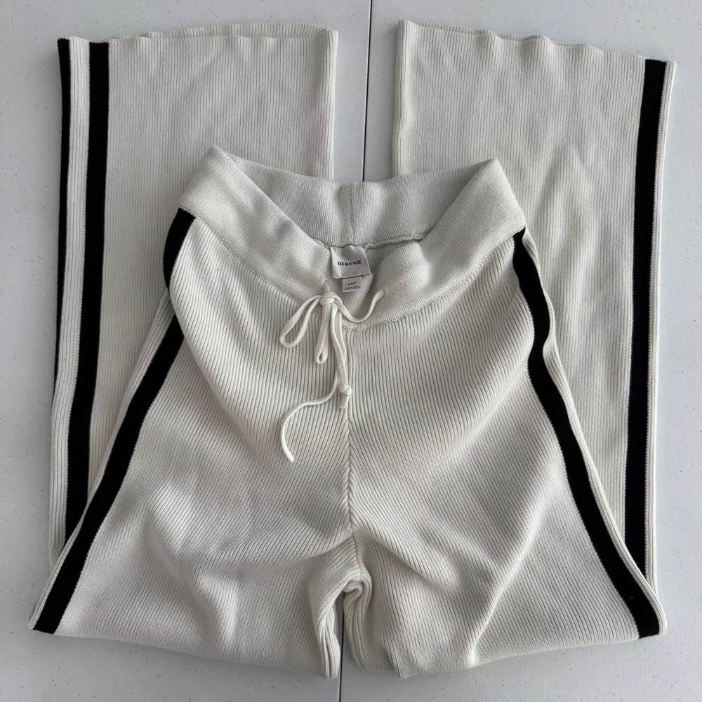 Wide Leg Knit Pants Womens XSP Maeve Anthropologie White Black Ribbed Cozy